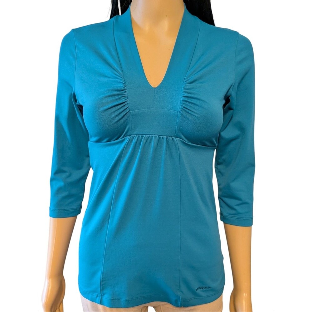 Patagonia Teal Respite Shirt 3/4 Sleeve V Neck